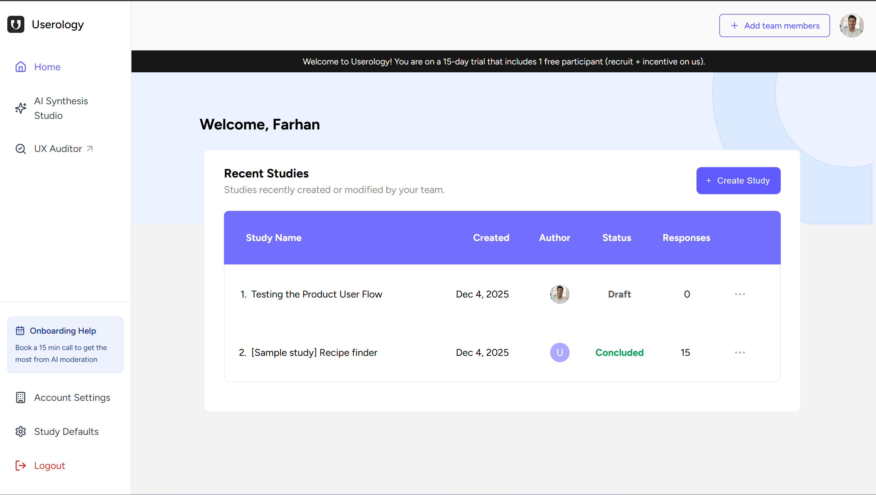 Step 1: Dashboard - Click + Create Study