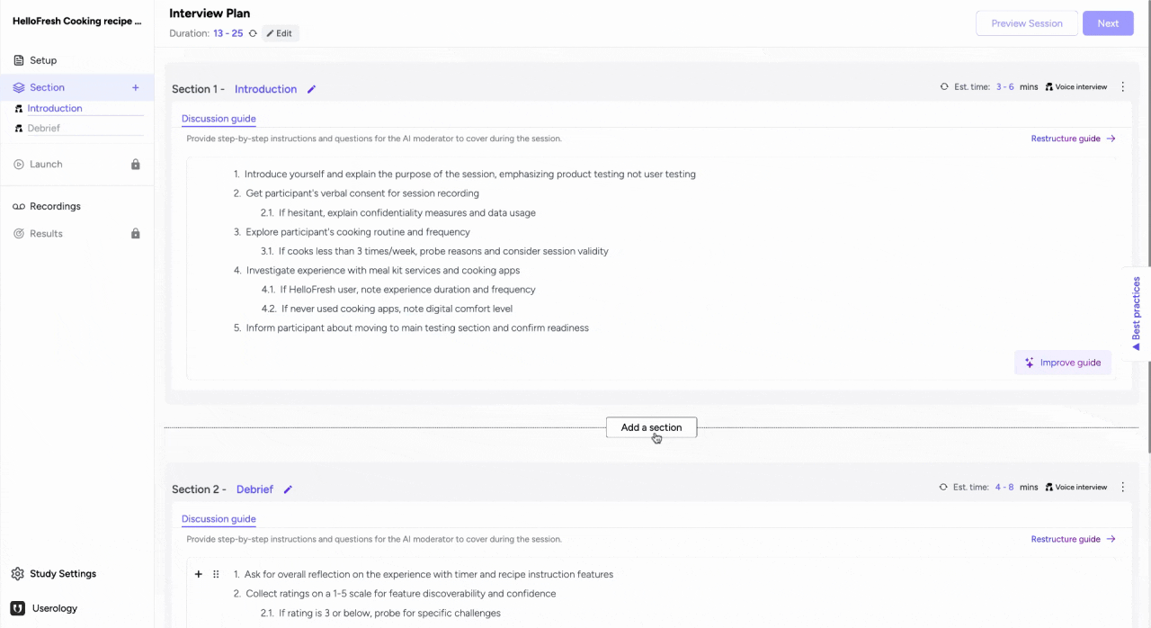 Adding a section in the interview plan
