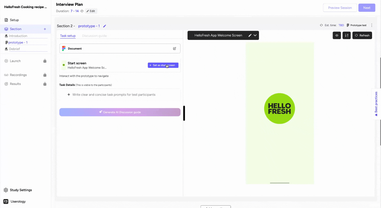 Setting start and goal screens for tasks