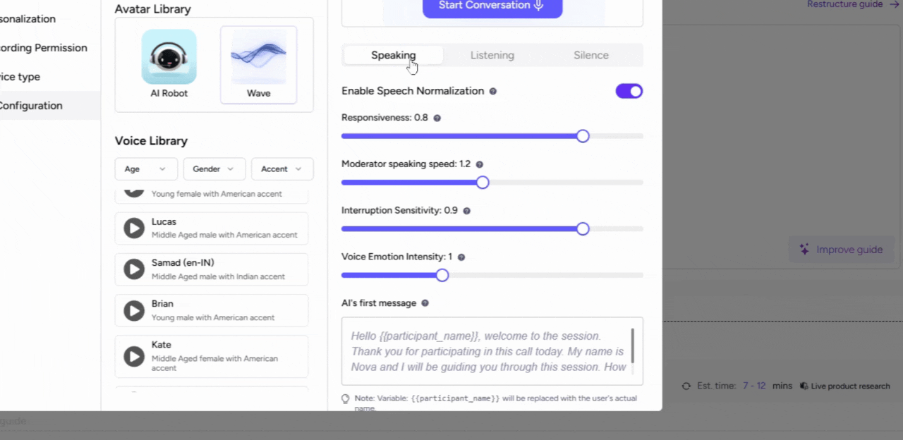 Speaking, Listening, and Silence configuration tabs