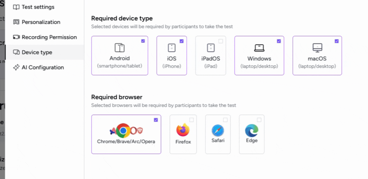 Selecting browser requirements like Chrome and Safari