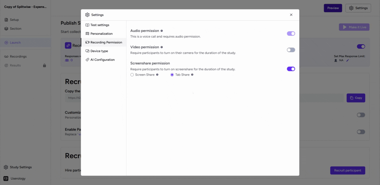 Previewing permission settings from the test link