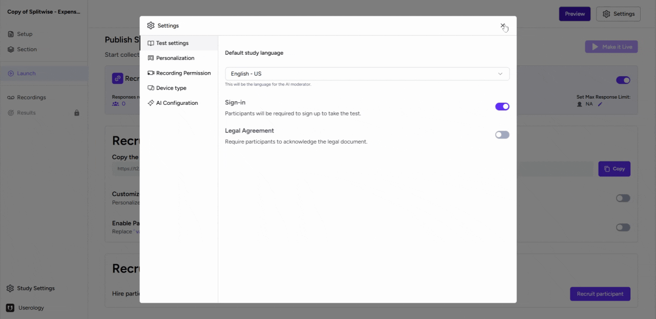 Participant sign-in screen before starting the test