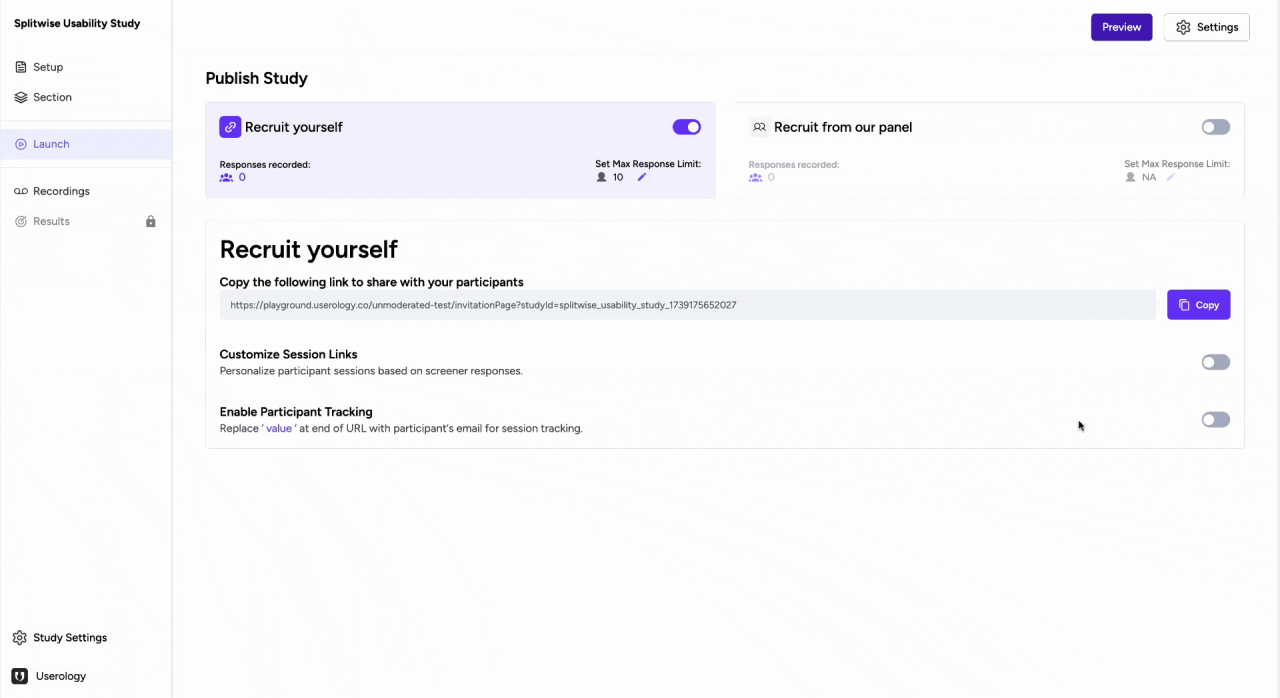 Copying and sharing the study link