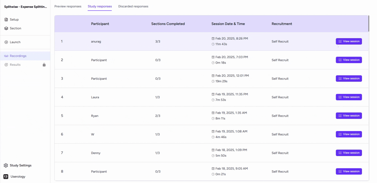 Navigating to the Recordings tab and selecting a participant