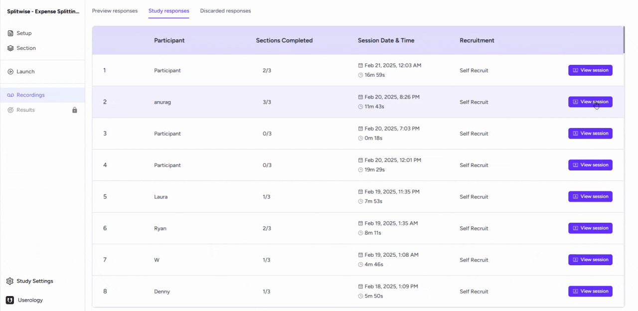 Accessing a participant session from the Recordings tab