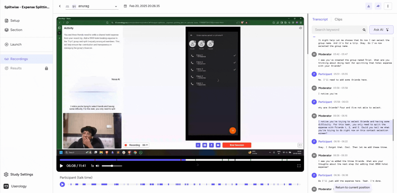 AI findings and overview on the session progress bar