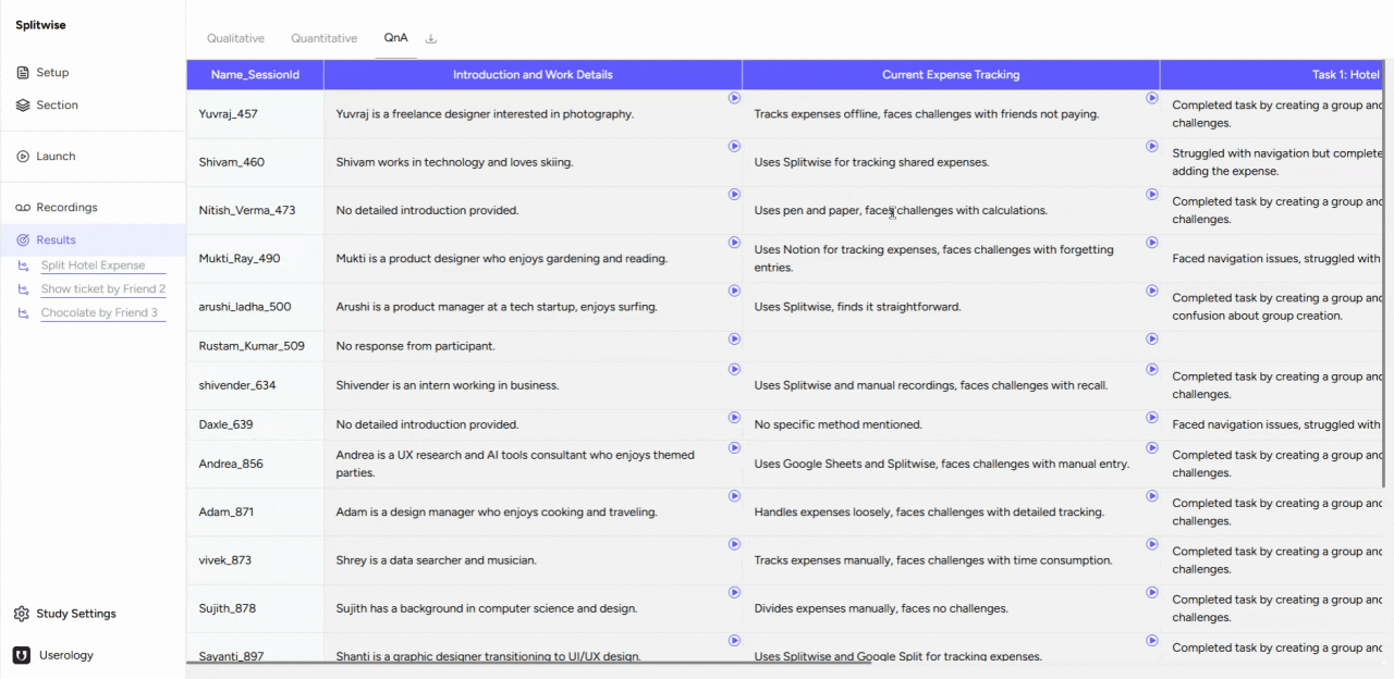 Navigating between sections in the results view