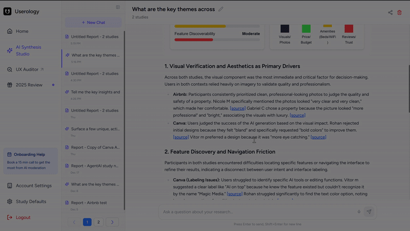 Hovering over numbered citations to view session clips