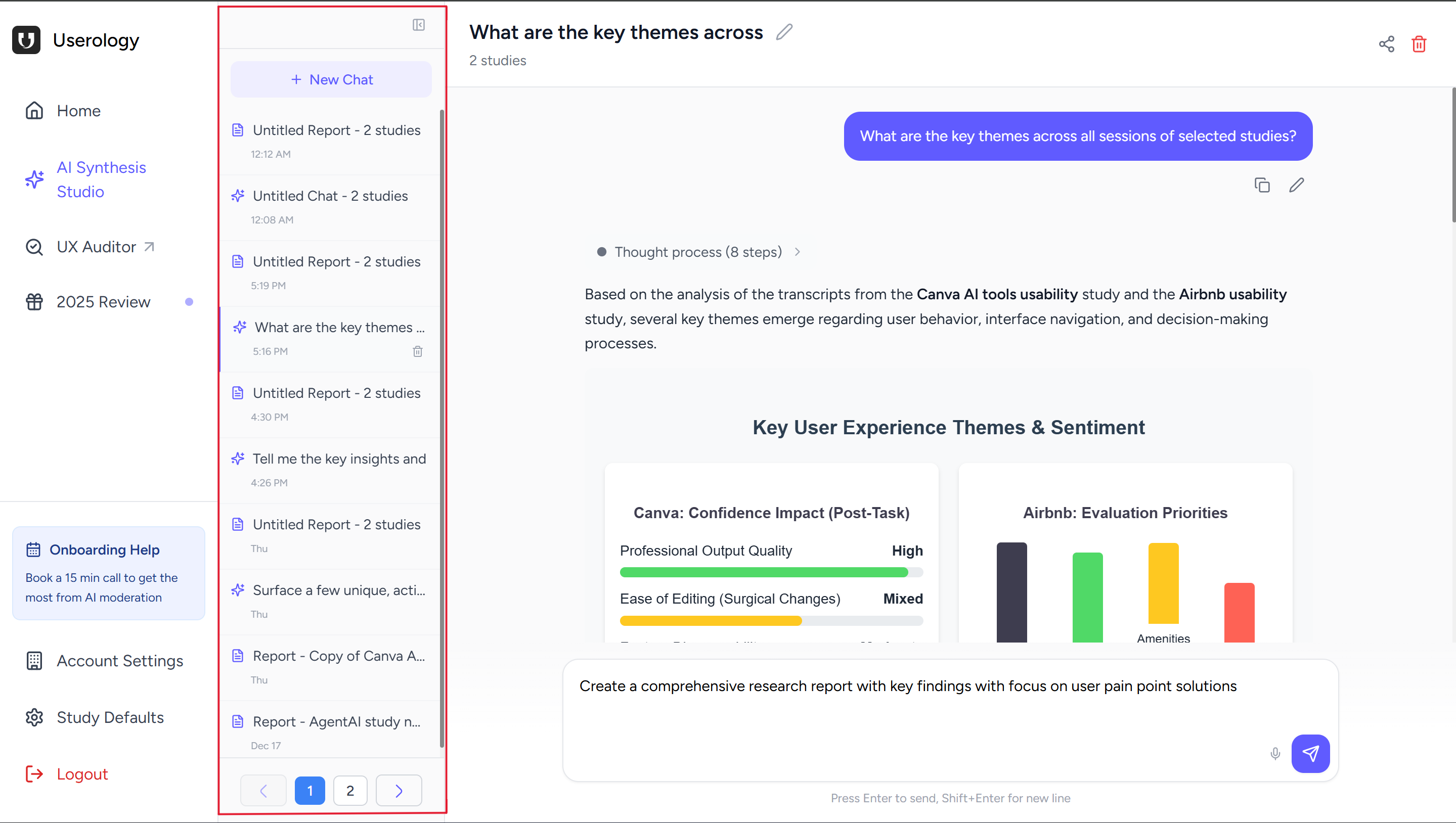 Middle pane showing saved chats and reports