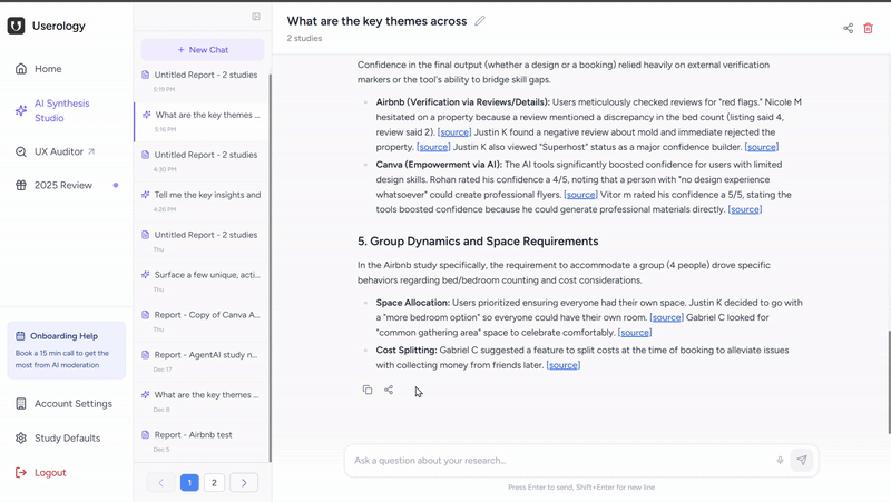 Middle pane showing saved chats and reports
