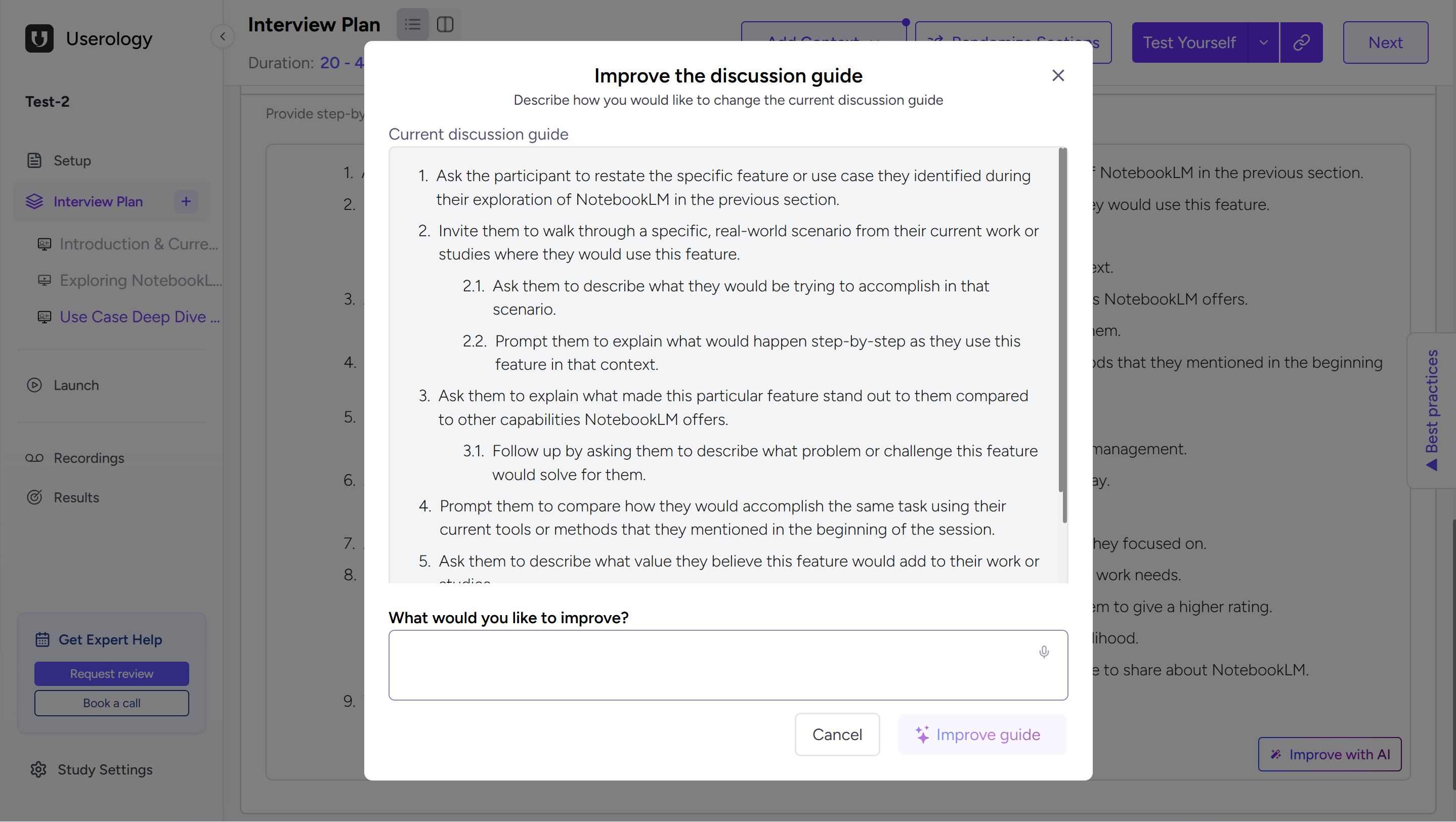 Interview Plan section showing the Improve with AI button