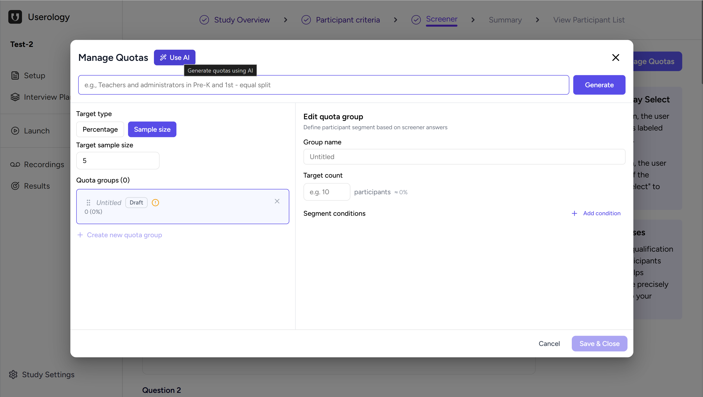 Using AI to generate quotas with the Generate button
