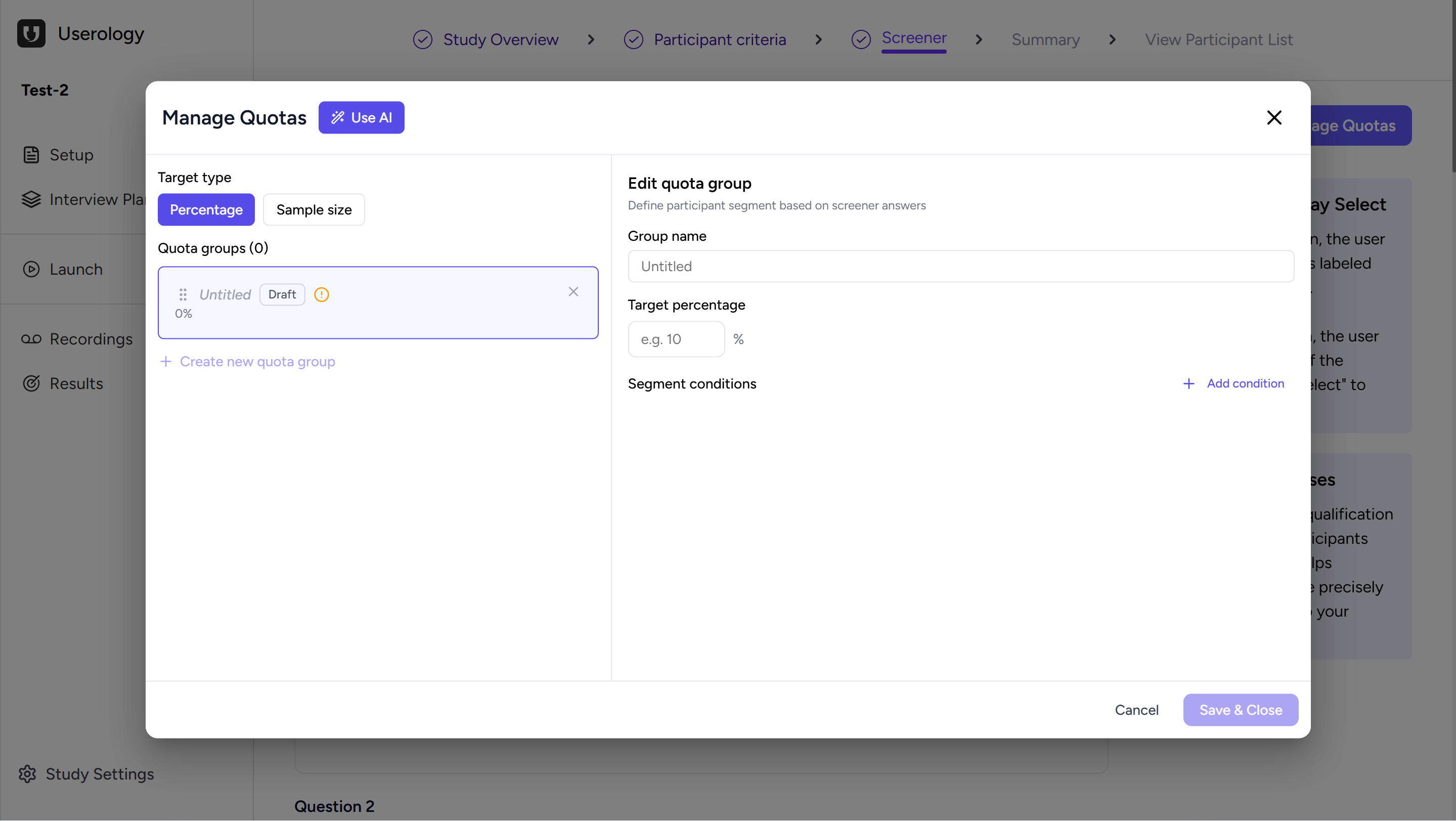 Manage Quotas with Percentage target type selected