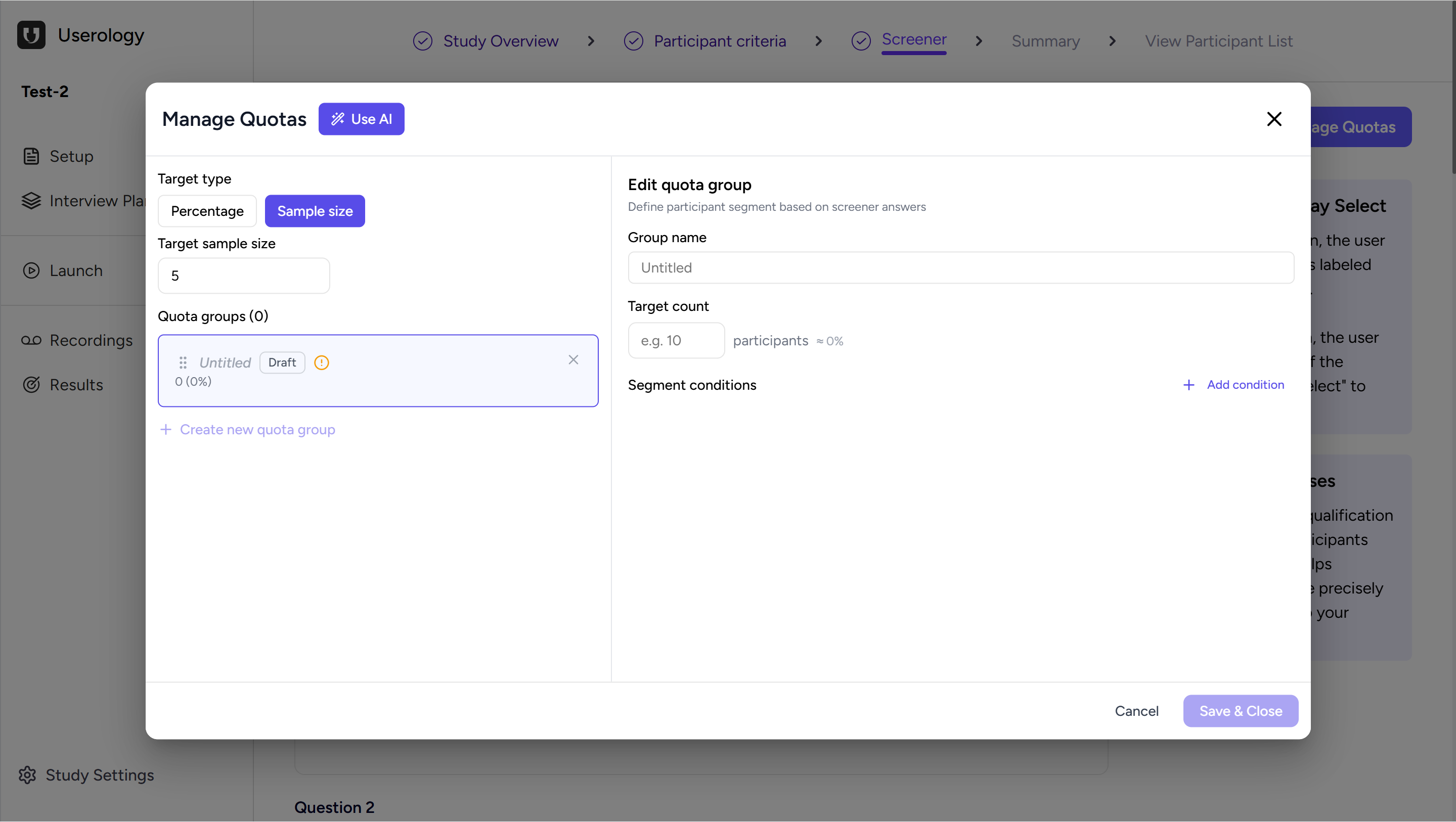 Manage Quotas with Sample size target type selected