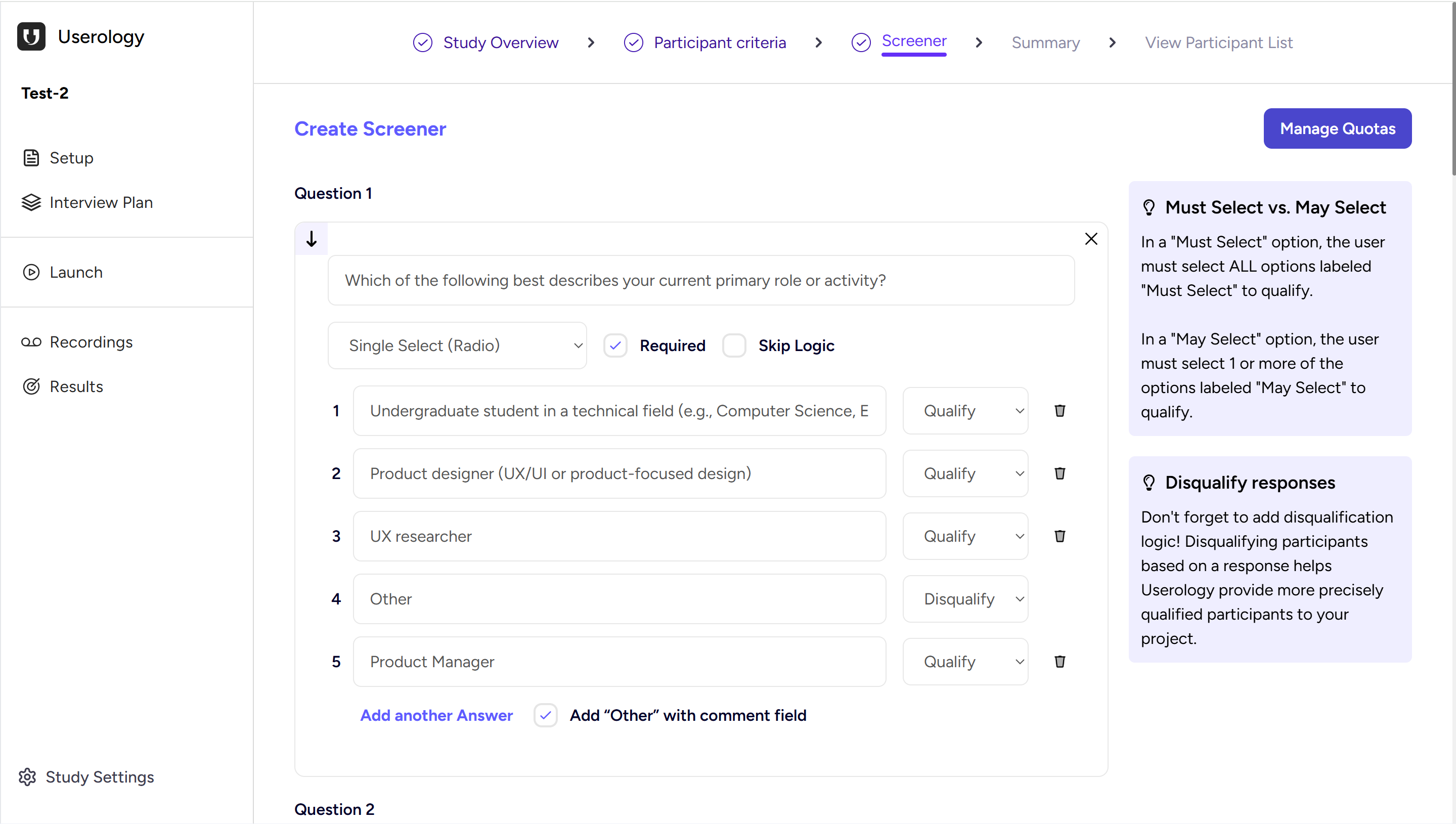Screener page showing the Manage Quotas button in the top-right corner