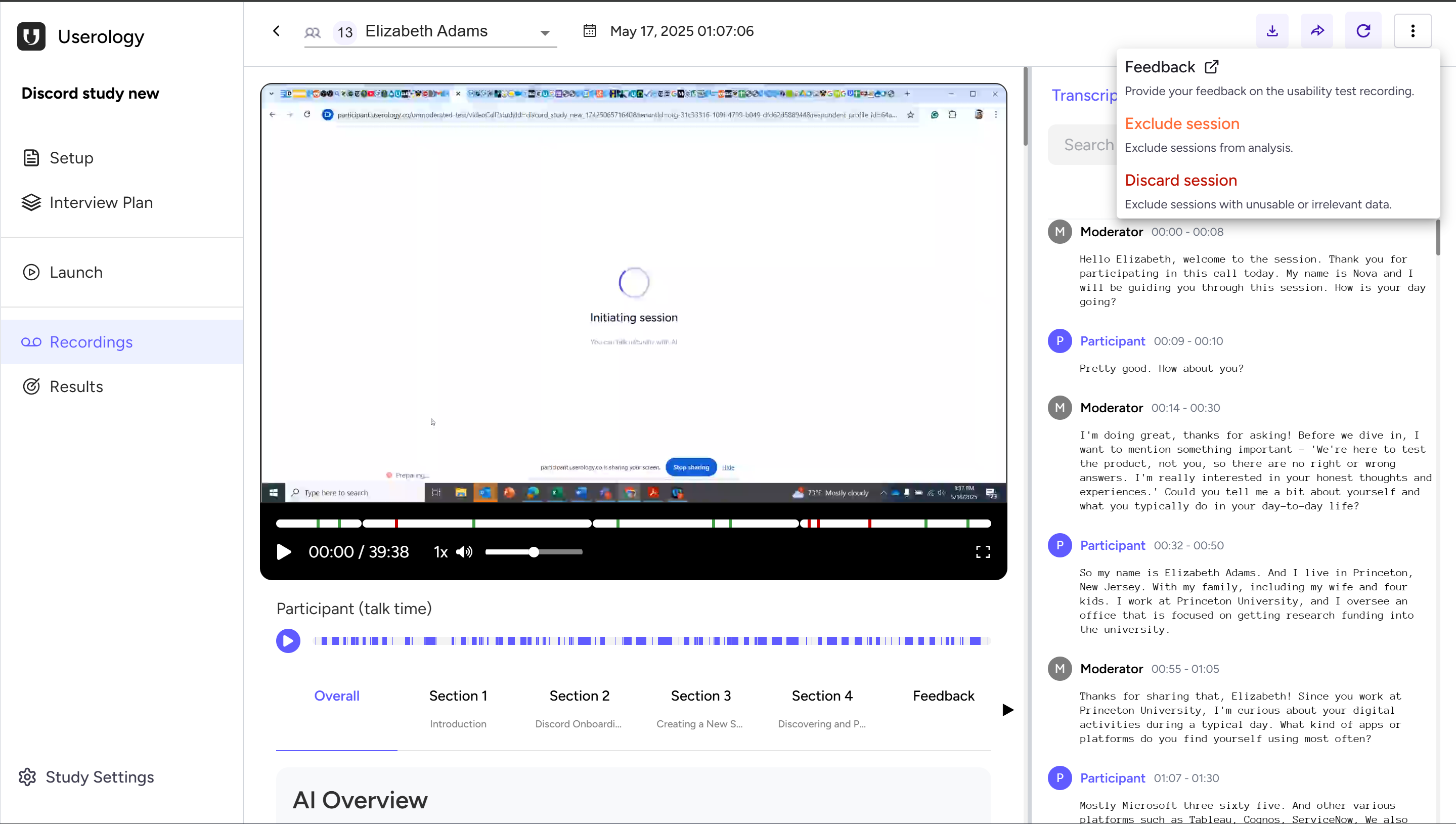 Session view with video player, transcript, and navigation