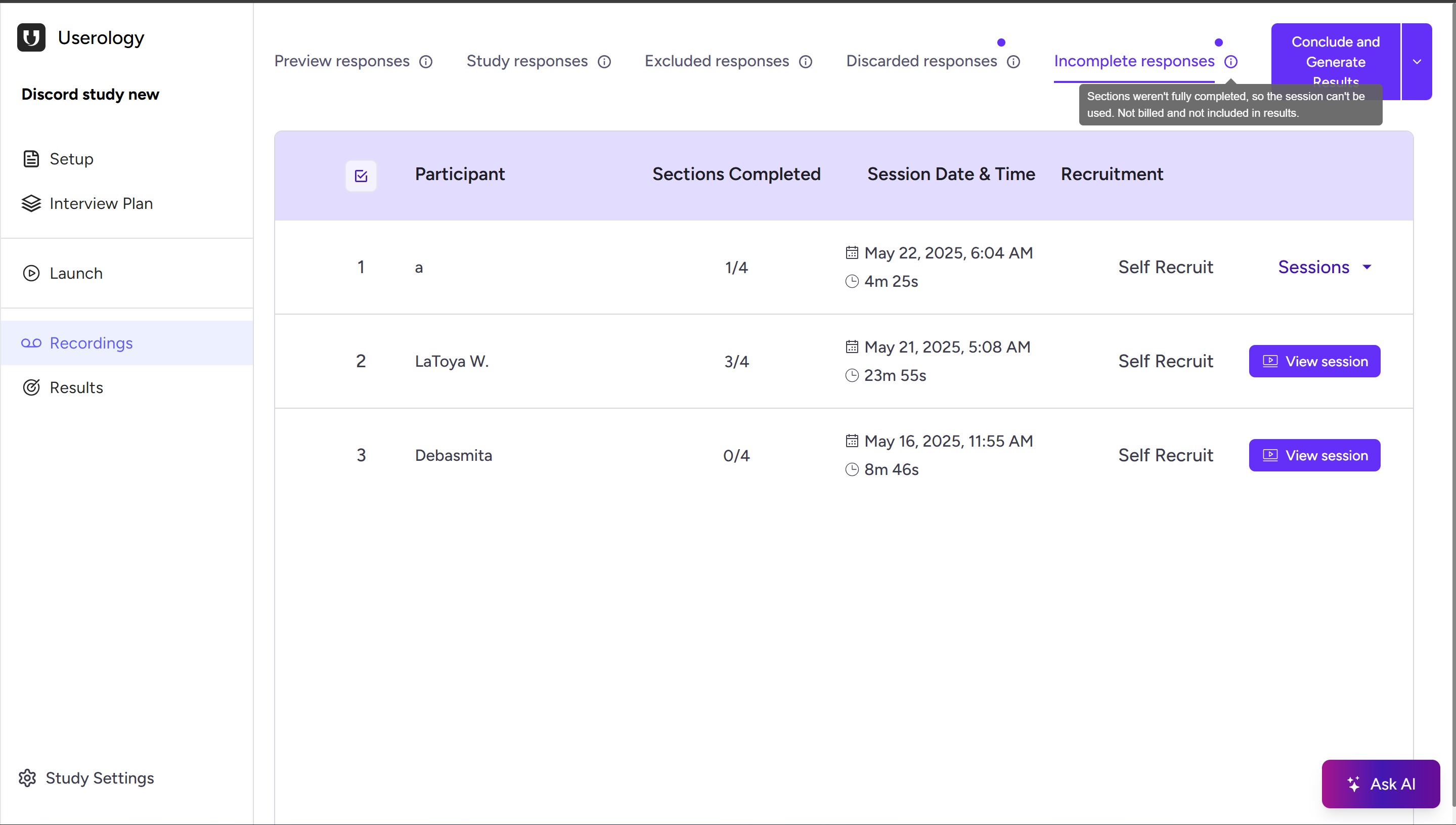 Incomplete responses tab