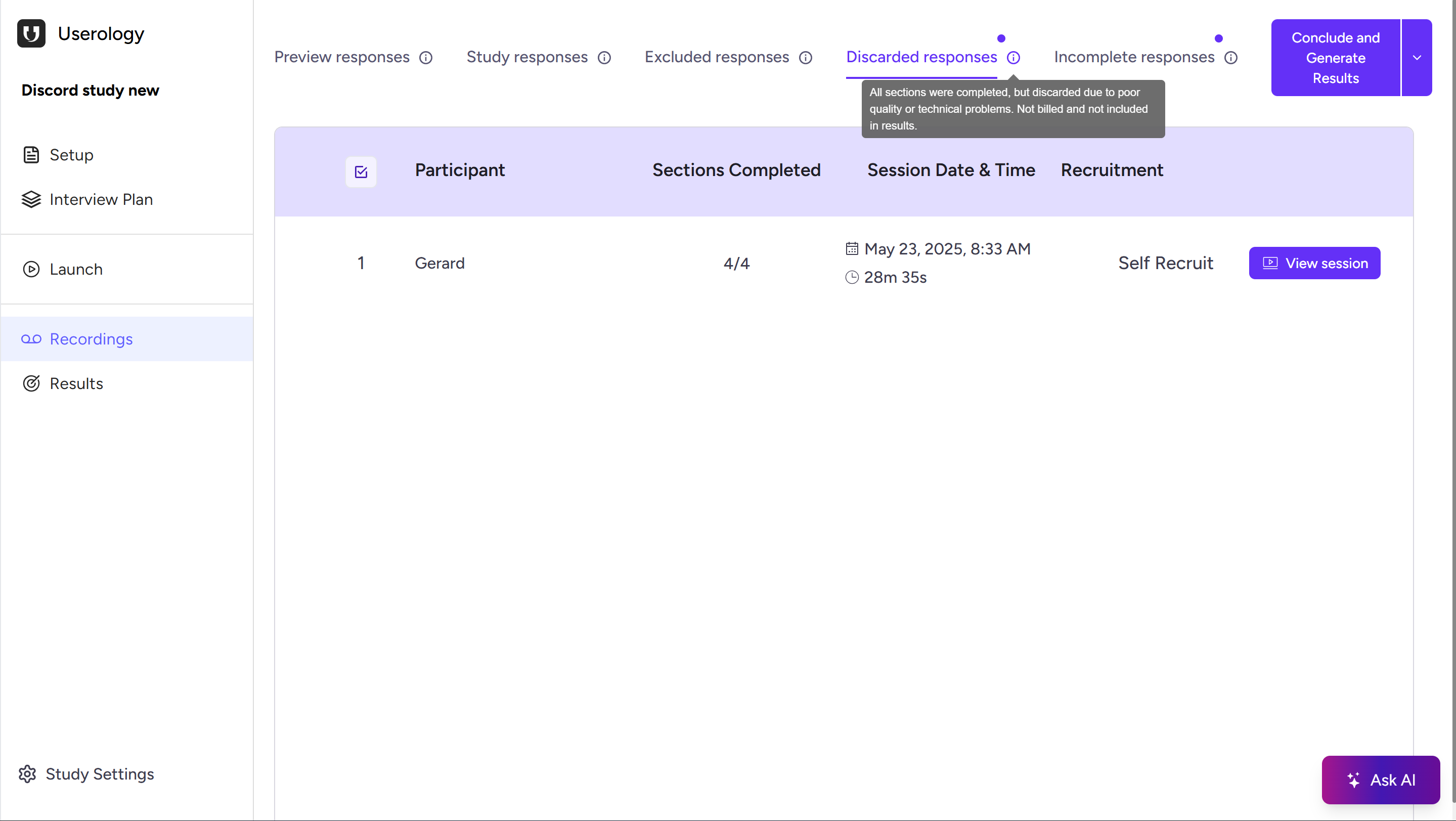 Discarded responses tab