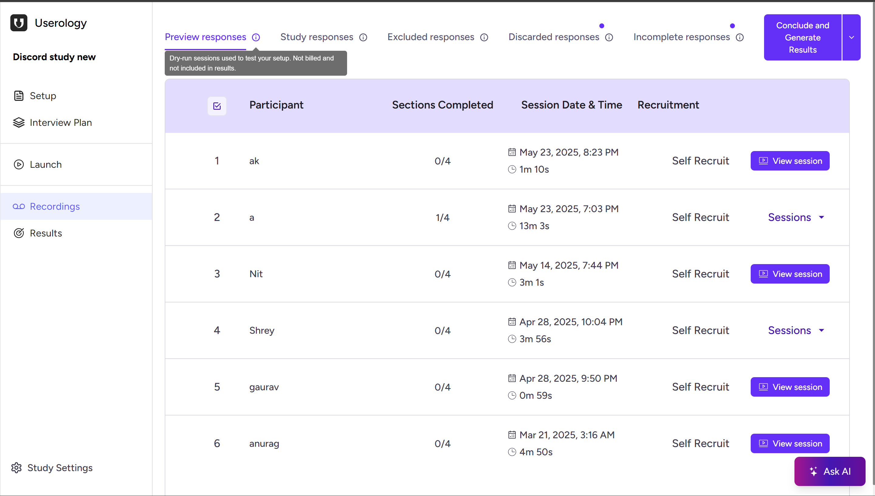 Preview responses tab showing test sessions
