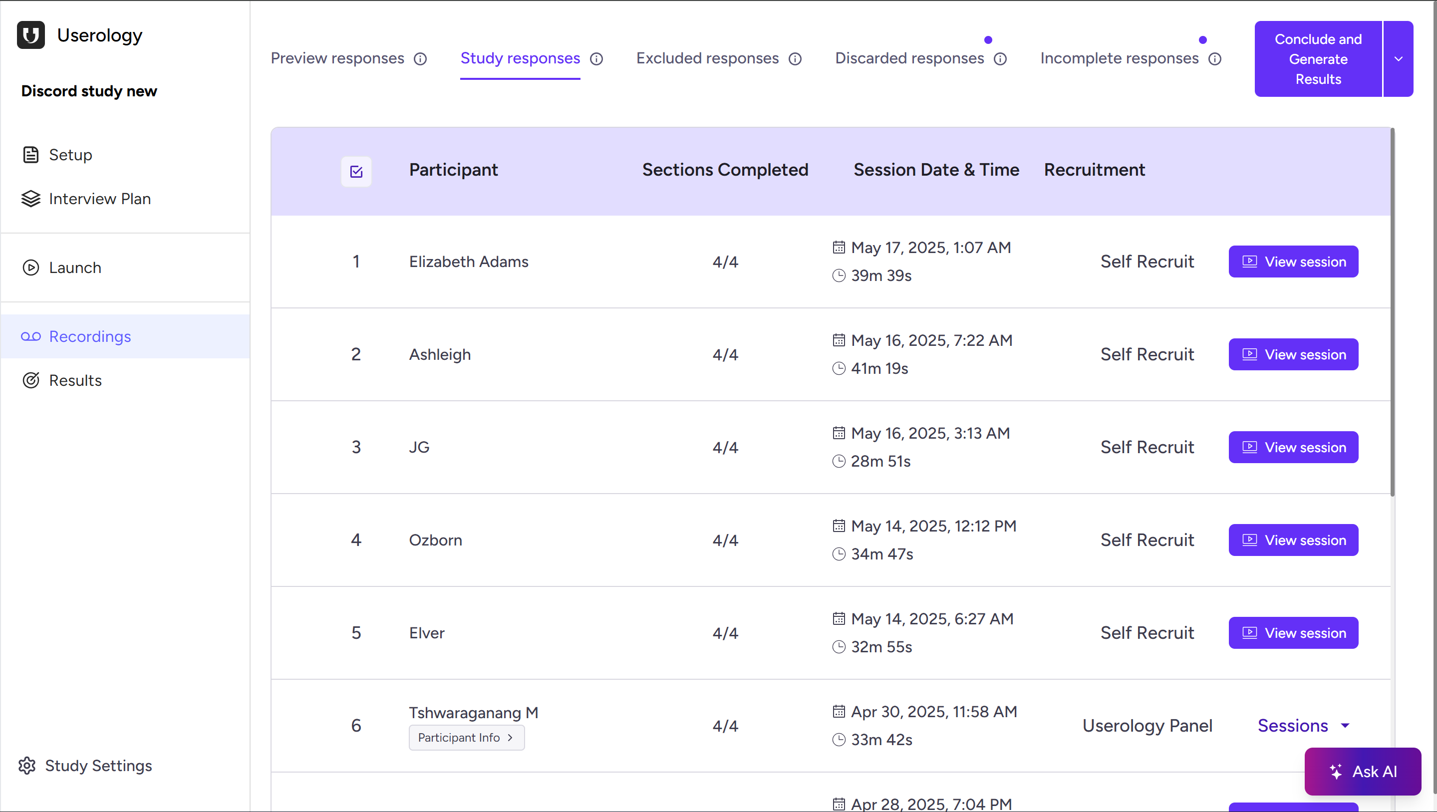 Recordings page showing Conclude and Generate Results button and Ask AI