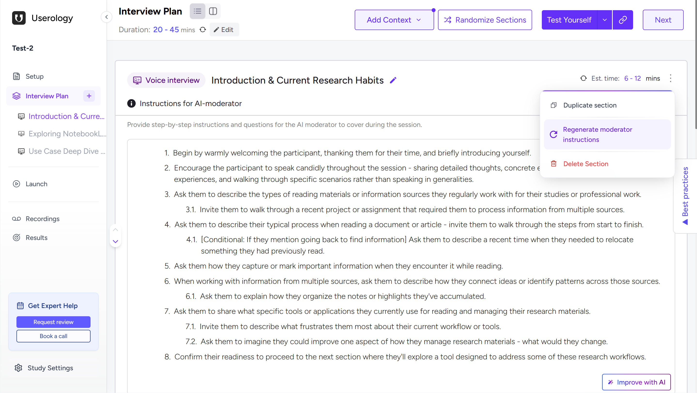 Interview Plan section showing the three-dot menu with Regenerate moderator instructions option