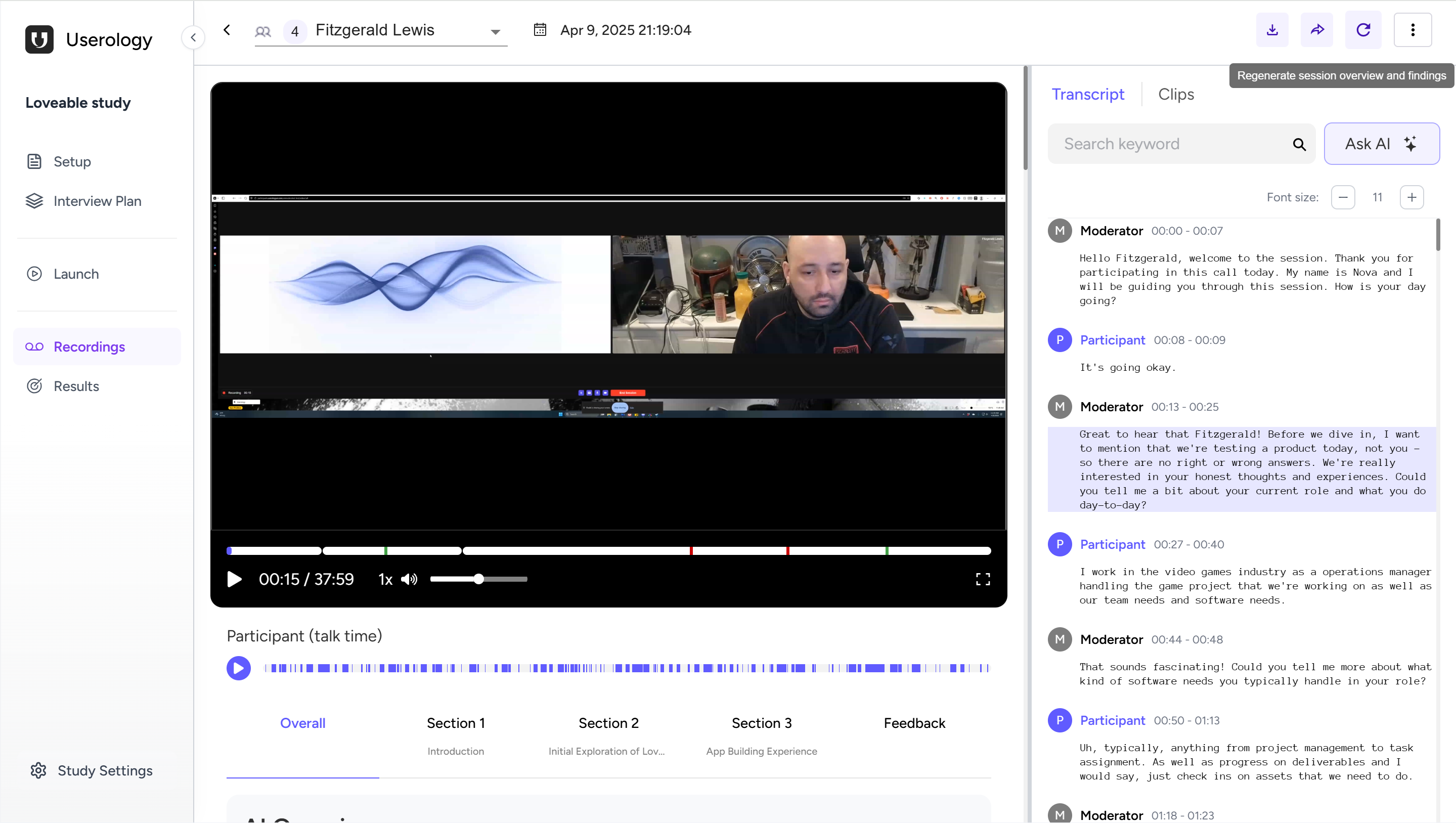 Session view showing the Regenerate icon with tooltip