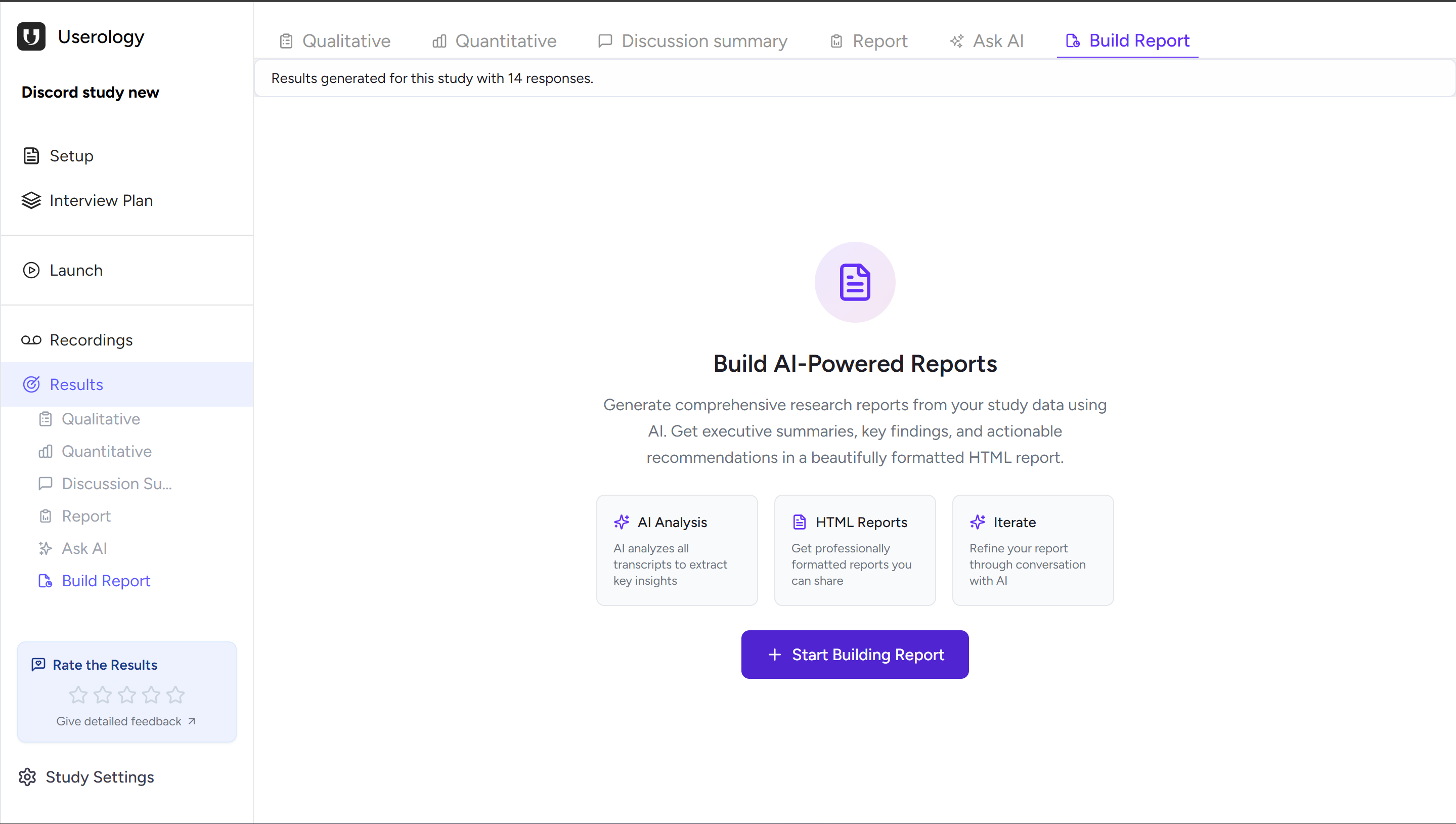 Build Report landing page with Start Building Report button