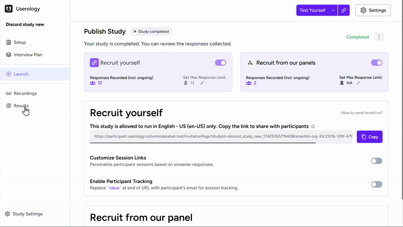 Navigating to the Results section from the sidebar
