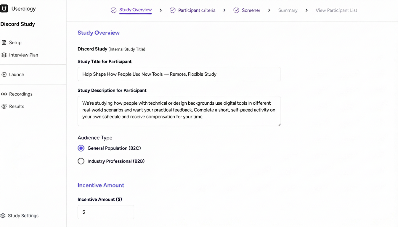 Study Overview form with participant-facing title and description