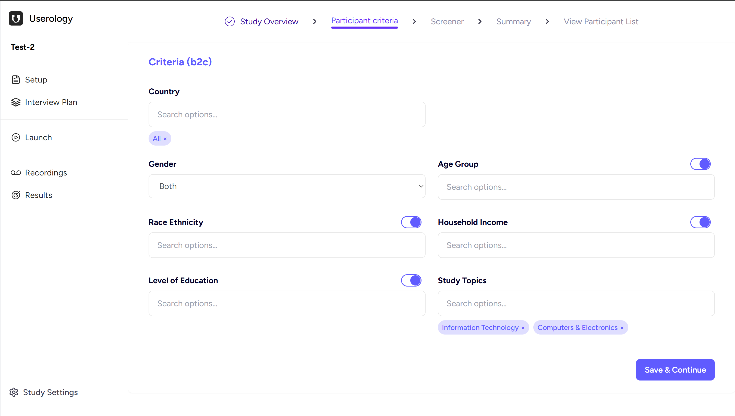 Participant Criteria selection interface with toggle filters