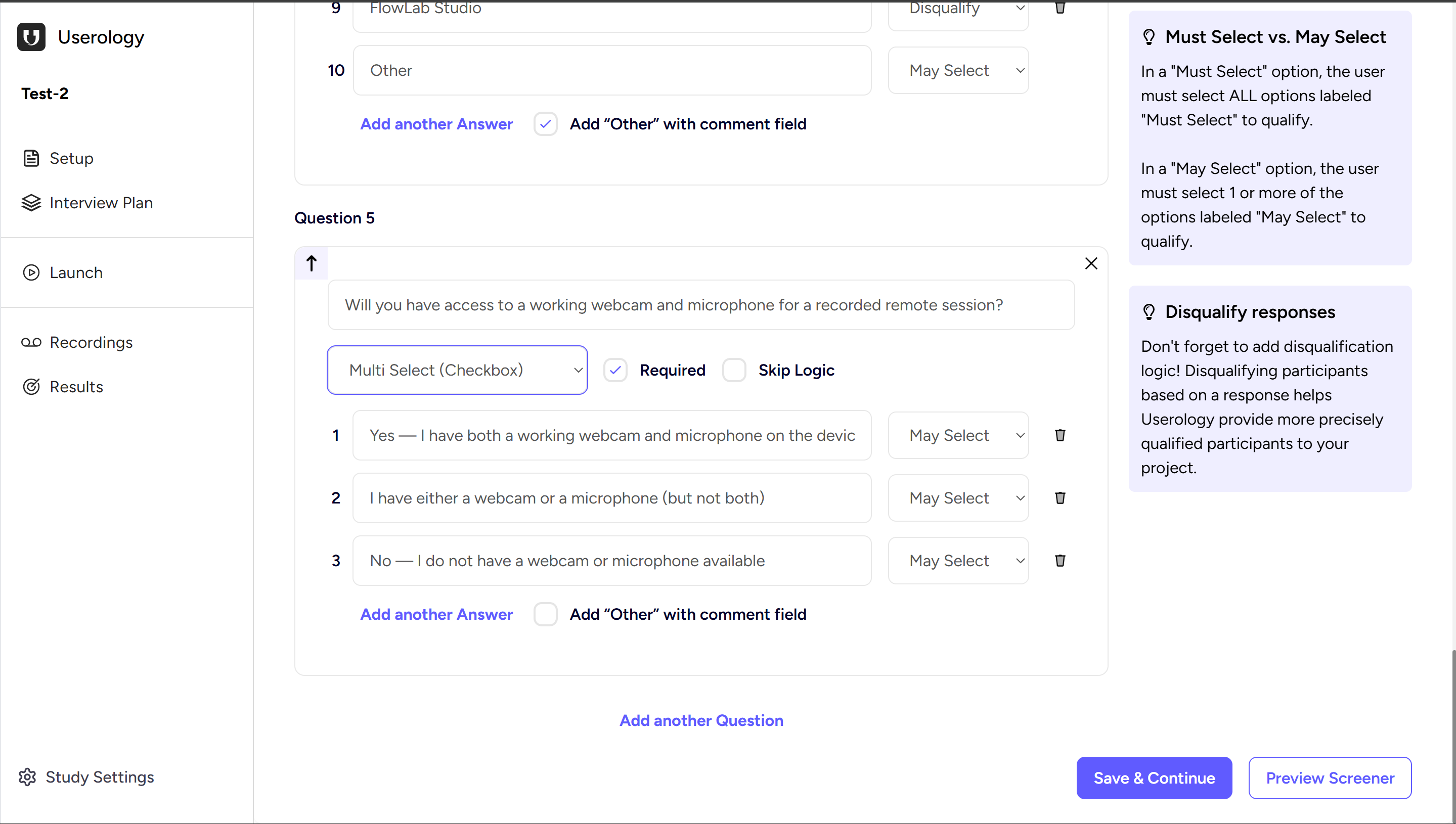 Screener questions setup with qualify and disqualify options