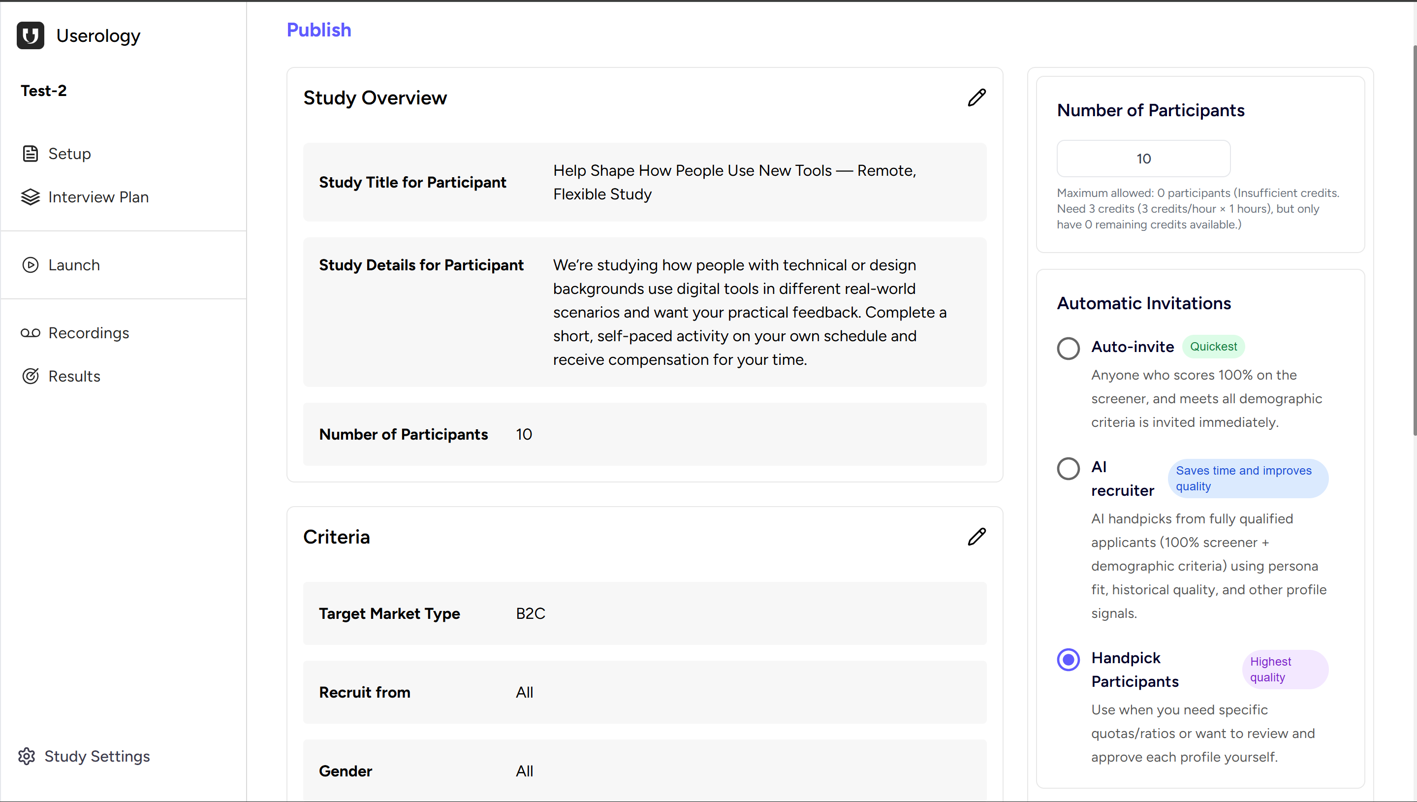 Summary and Publish page showing Study Overview, Criteria, and Number of Participants