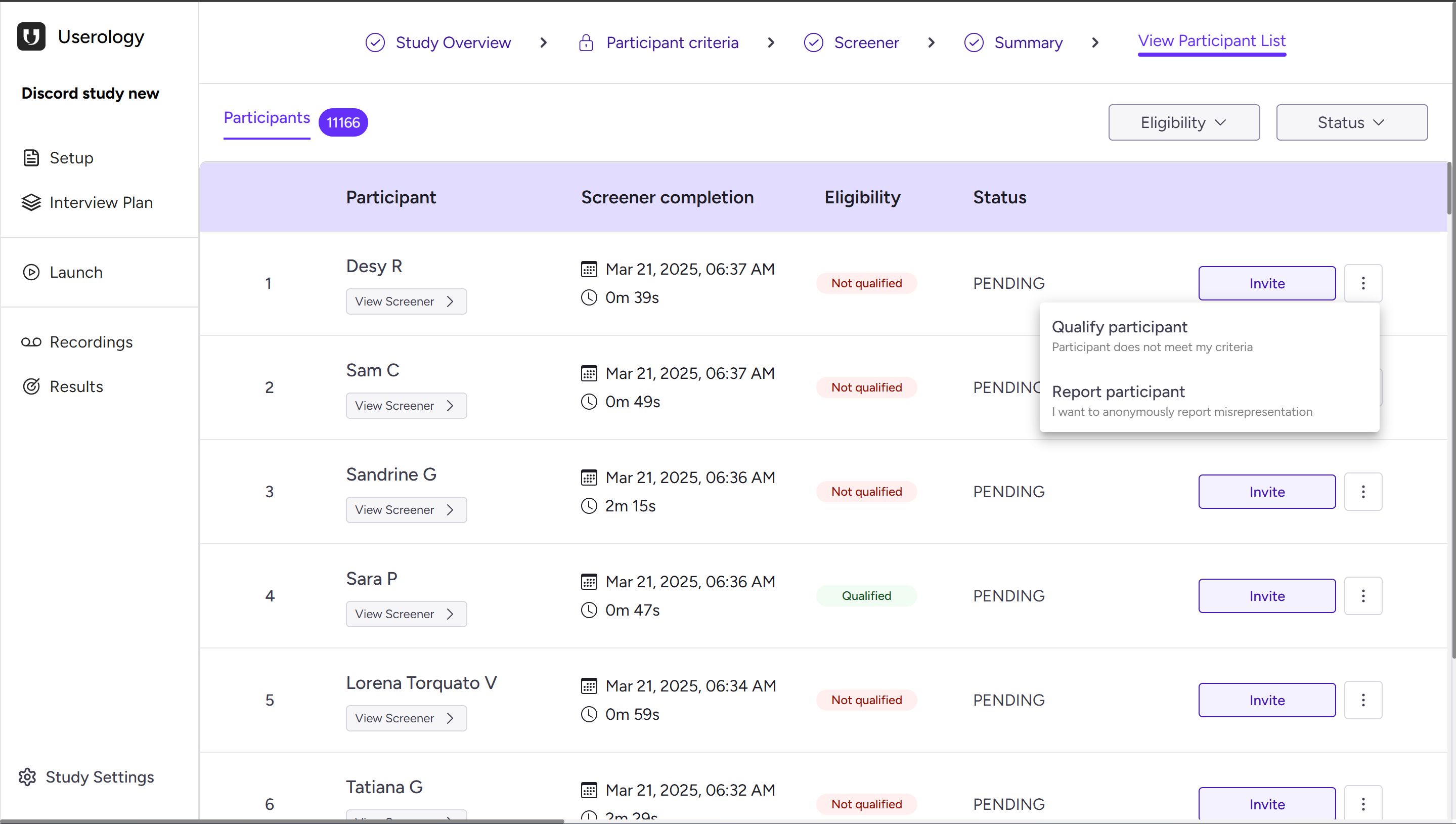 View Participant List page showing participant table with eligibility status and actions