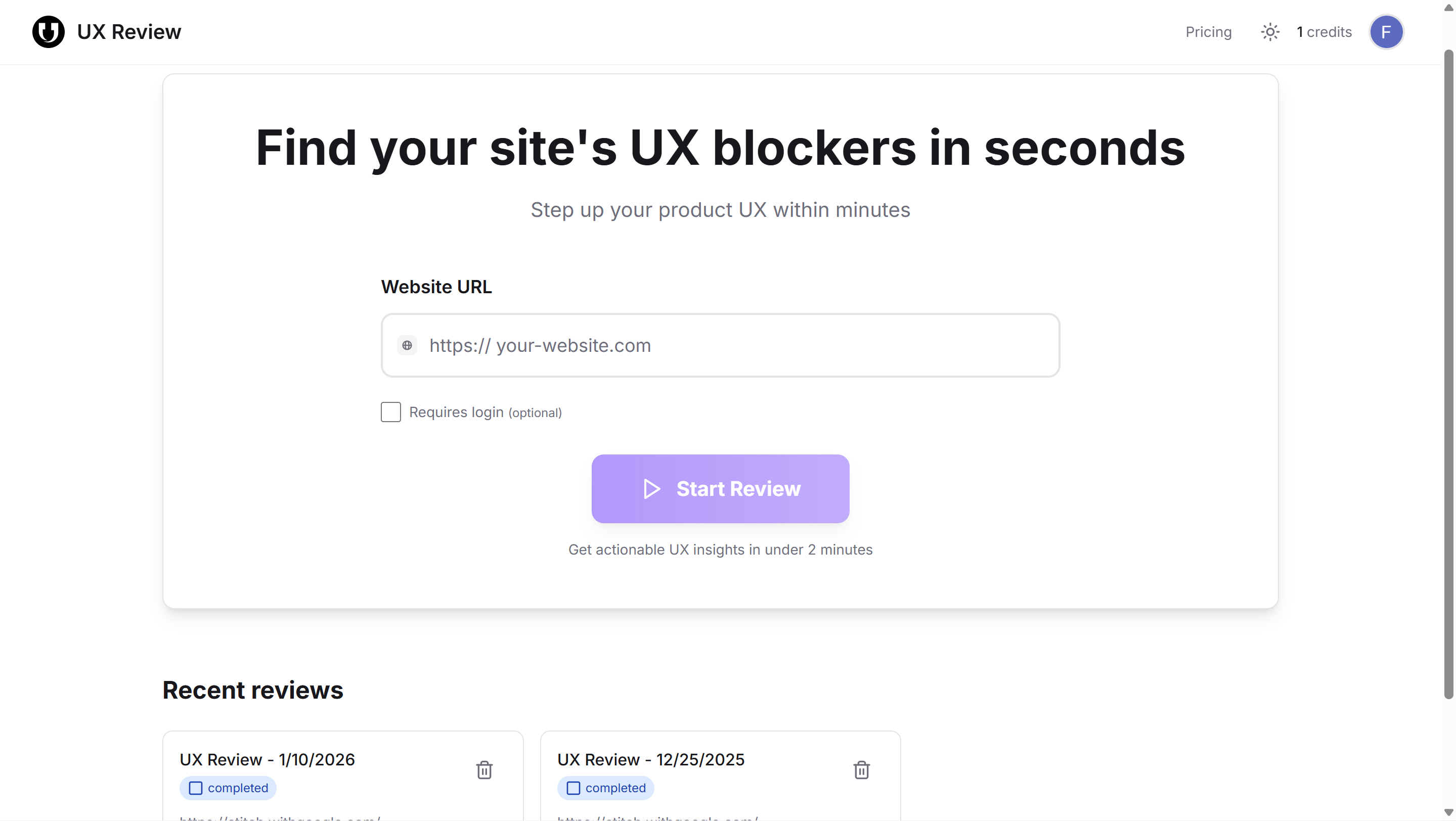 UX Auditor landing page with URL input and recent reviews