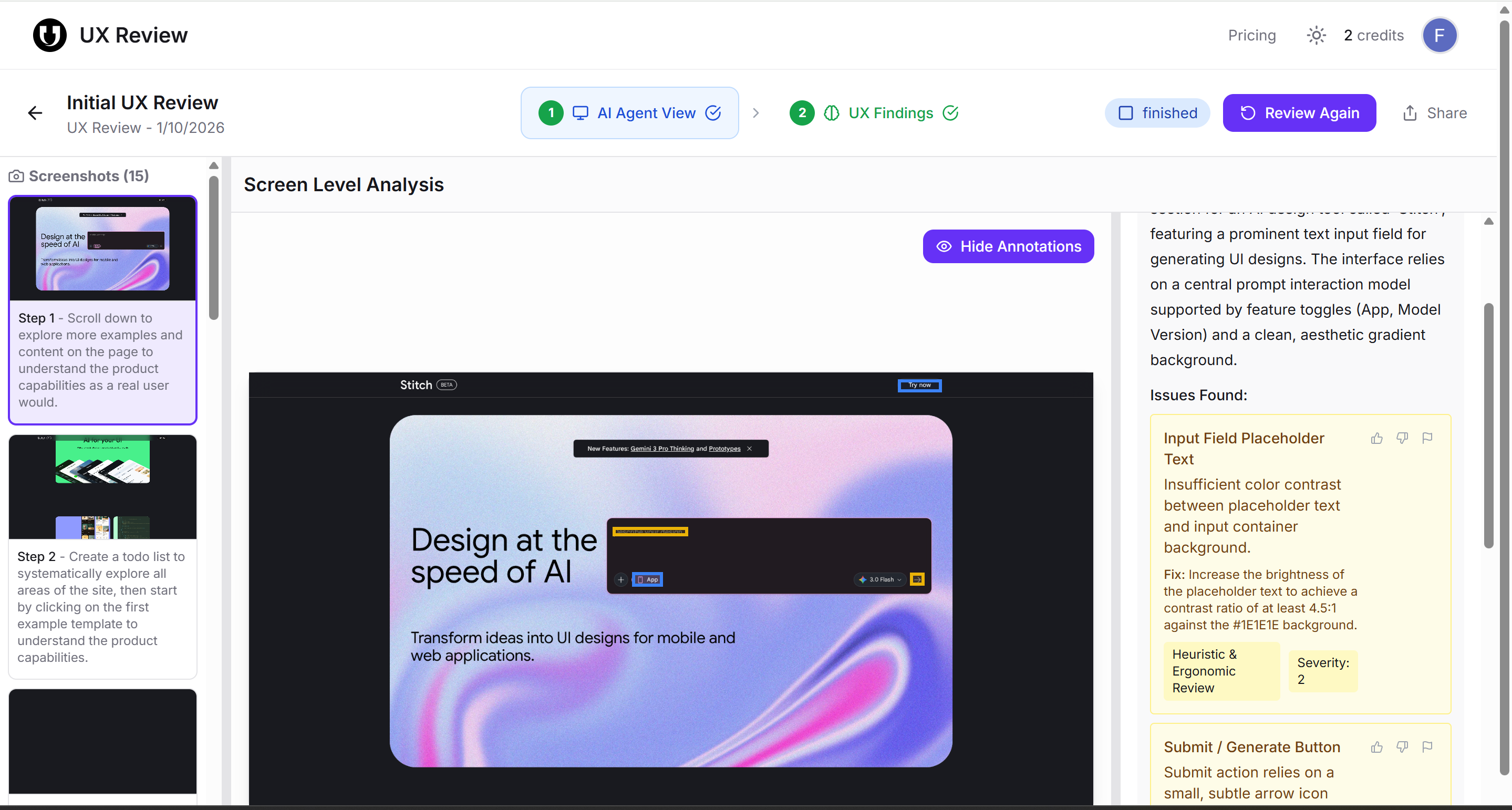 AI Agent View showing screen-level analysis with annotations