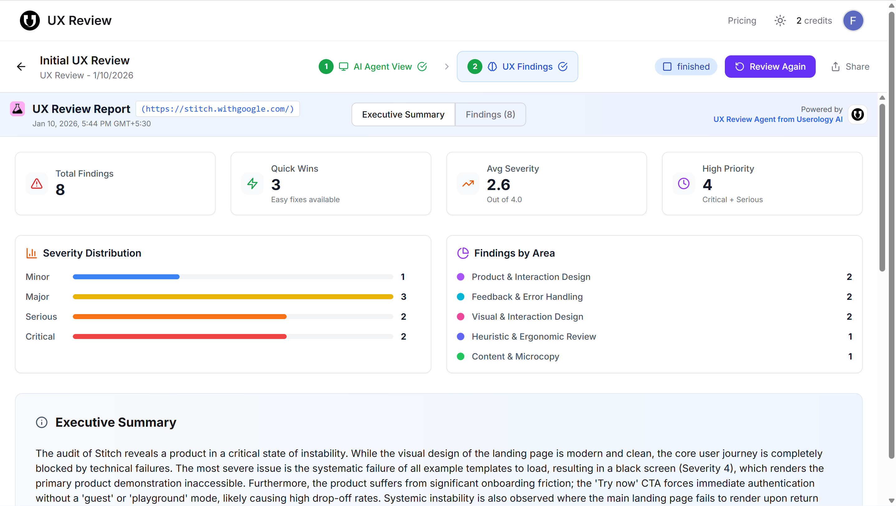 Executive Summary with metrics, severity distribution, and findings by area