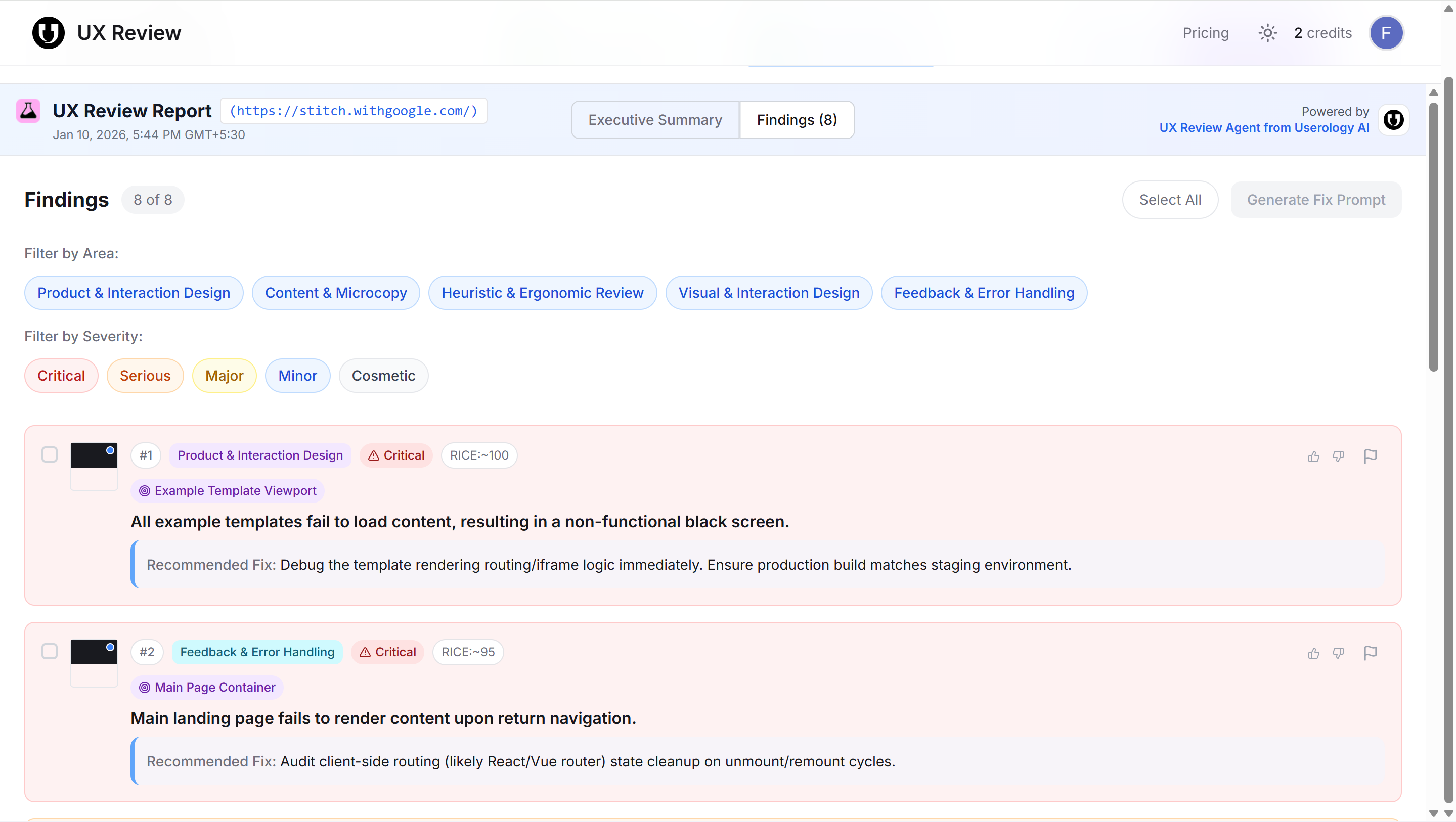 Findings list with area and severity filters