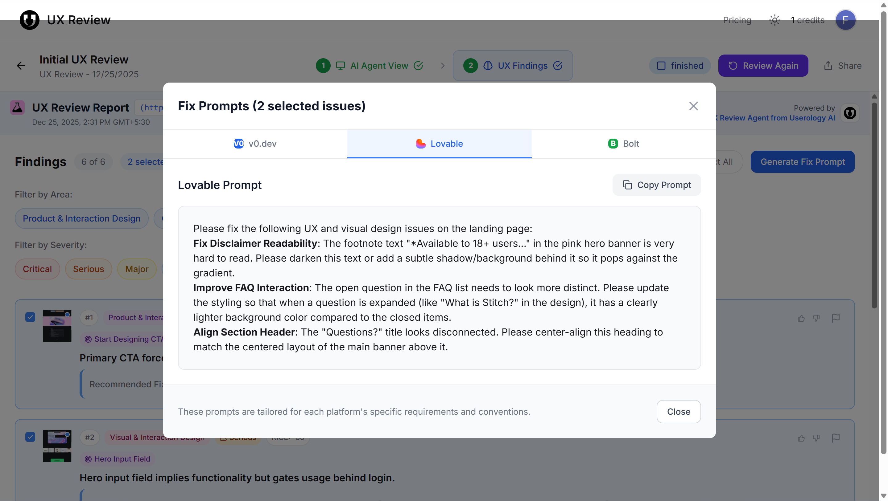 Platform-specific fix prompts in tabbed interface