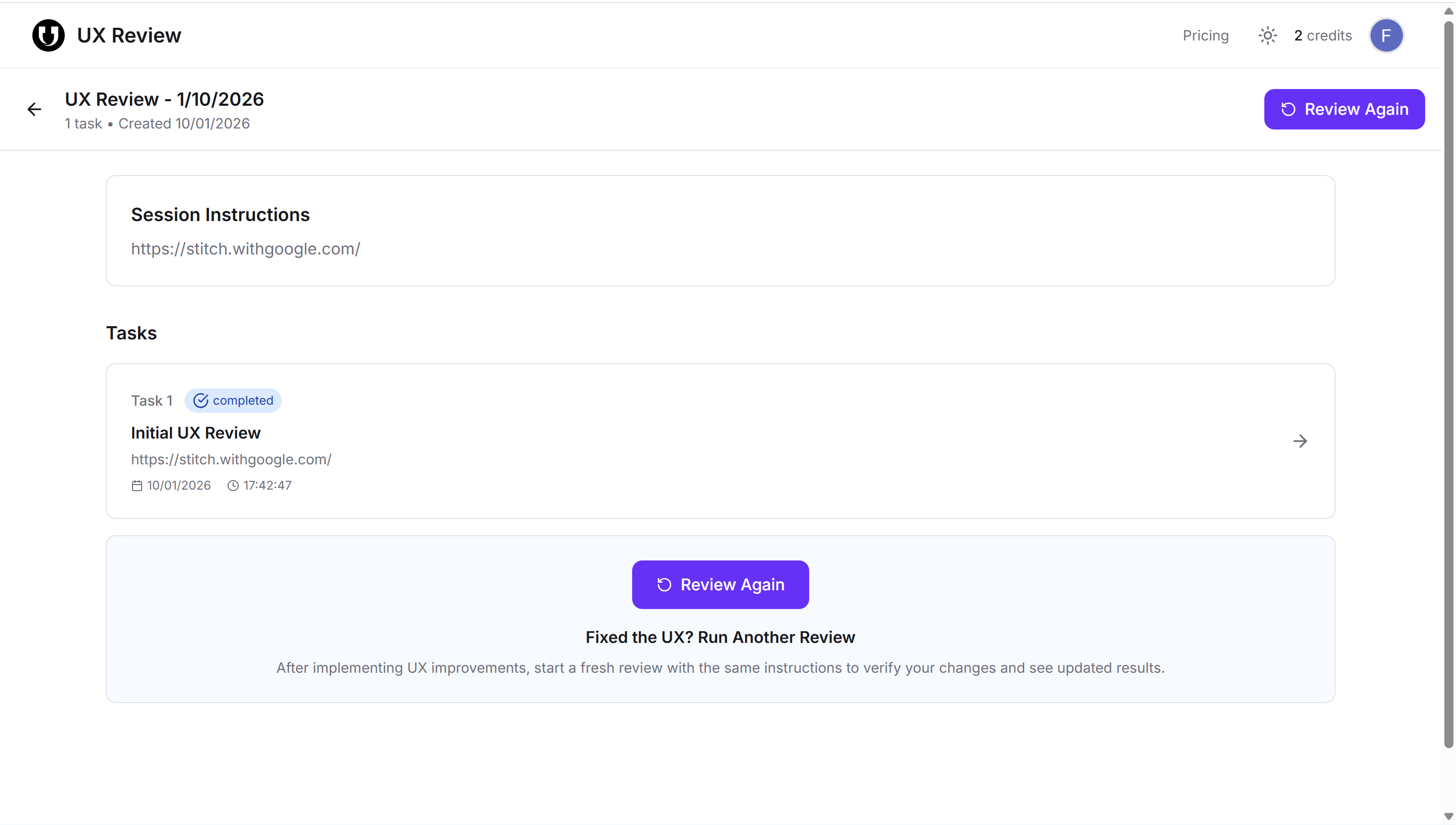 Review Again page showing completed task and re-run option